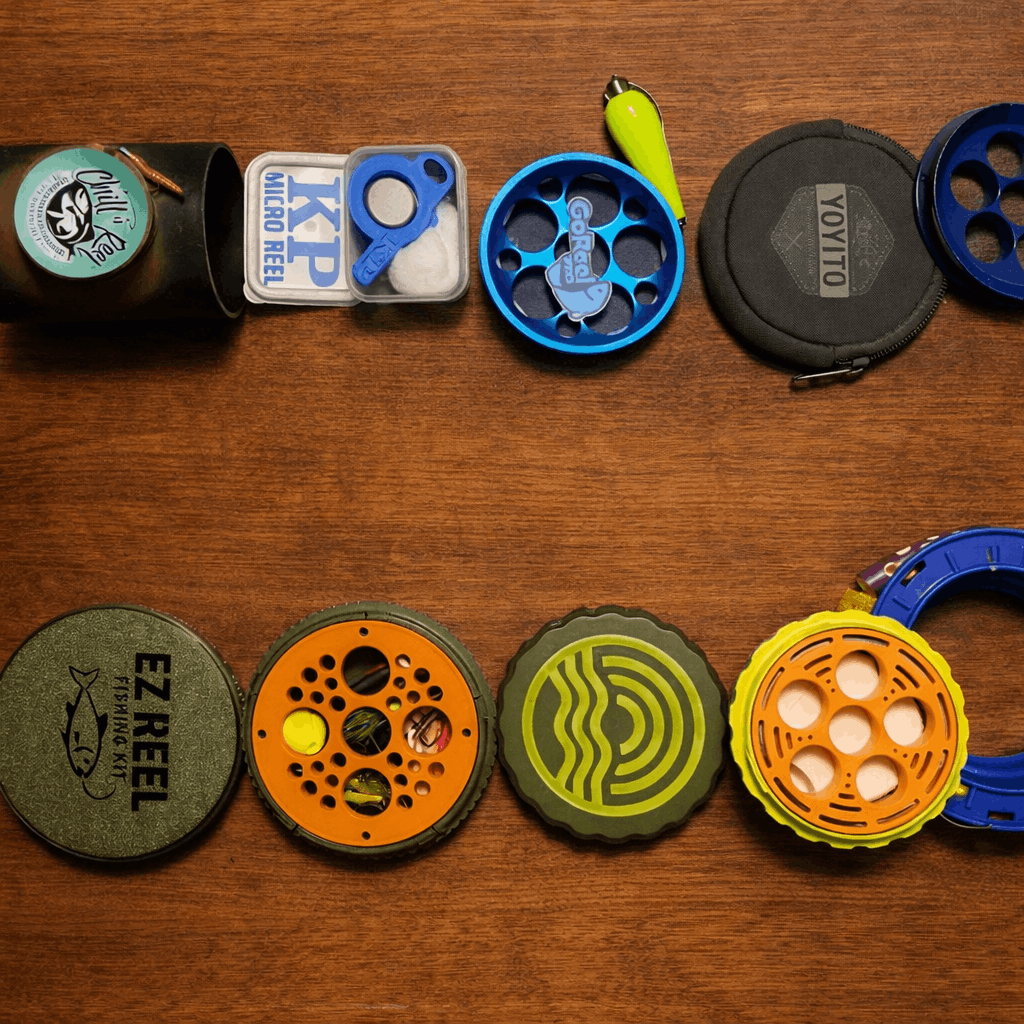 Collection of handline fishing reels including Cuban yo-yos, KP Micro Reel, GoReel, Yoyito, EZ Reel, and more