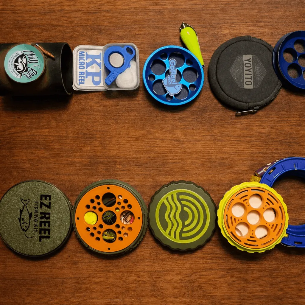 Collection of handline fishing reels including Cuban yo-yos, KP Micro Reel, GoReel, Yoyito, EZ Reel, and more